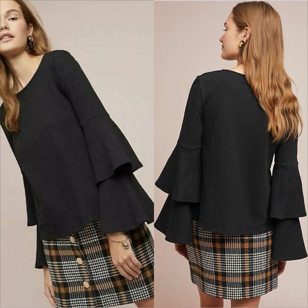 Anthropologie Eri + Ali Tiered Ruffle Sleeve Top Size Small Black Cotton Modal
